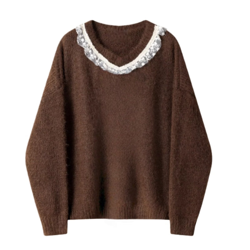 Lace-Trimmed Brown Sweater
