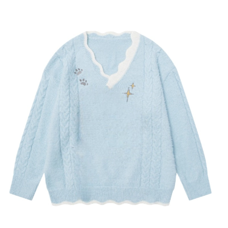 Mink Fur V-Neck Blue Oversized Sweater